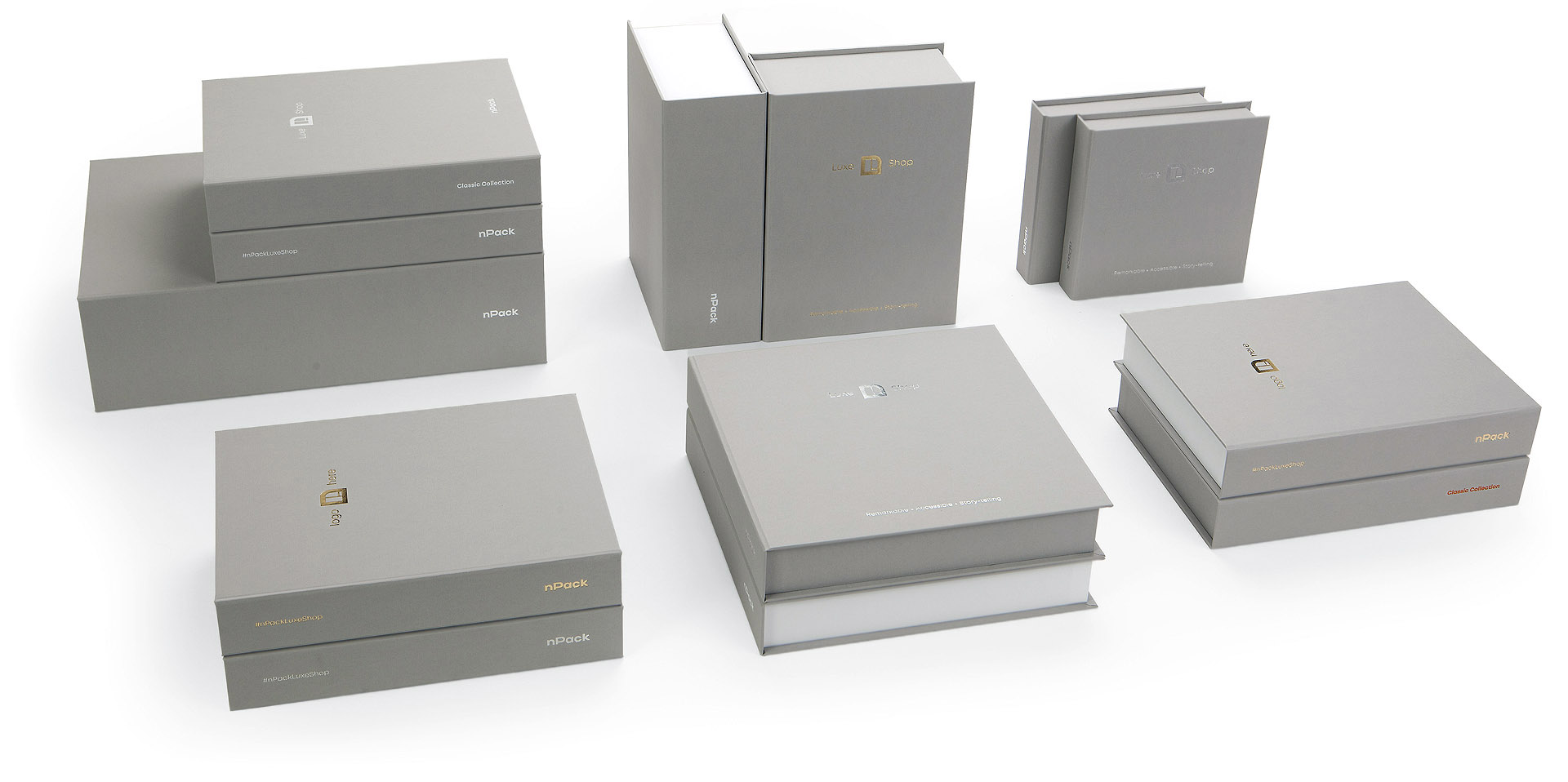 Luxurious Book Style Rigid Gift Box Colorplan Real Grey with Buckram embossing custom branding produced in Europe