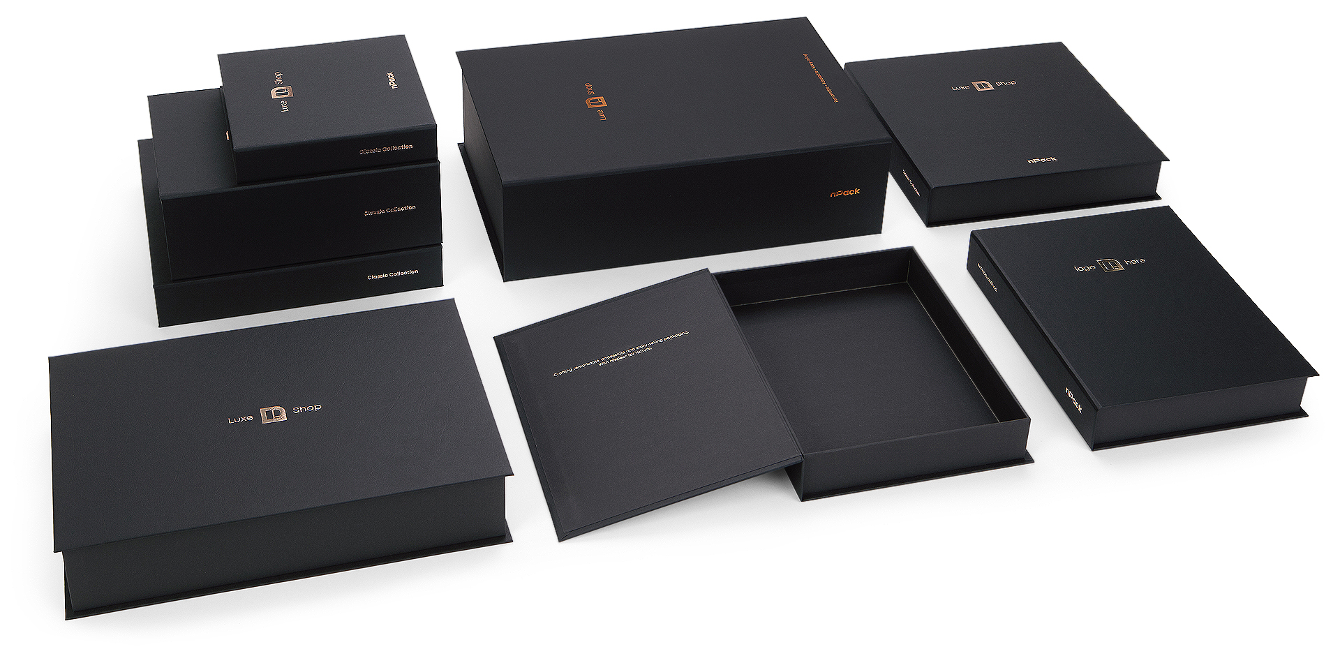 High end magnetic box in Colorplan Ebony with leather embossing and hot foiled logo 2