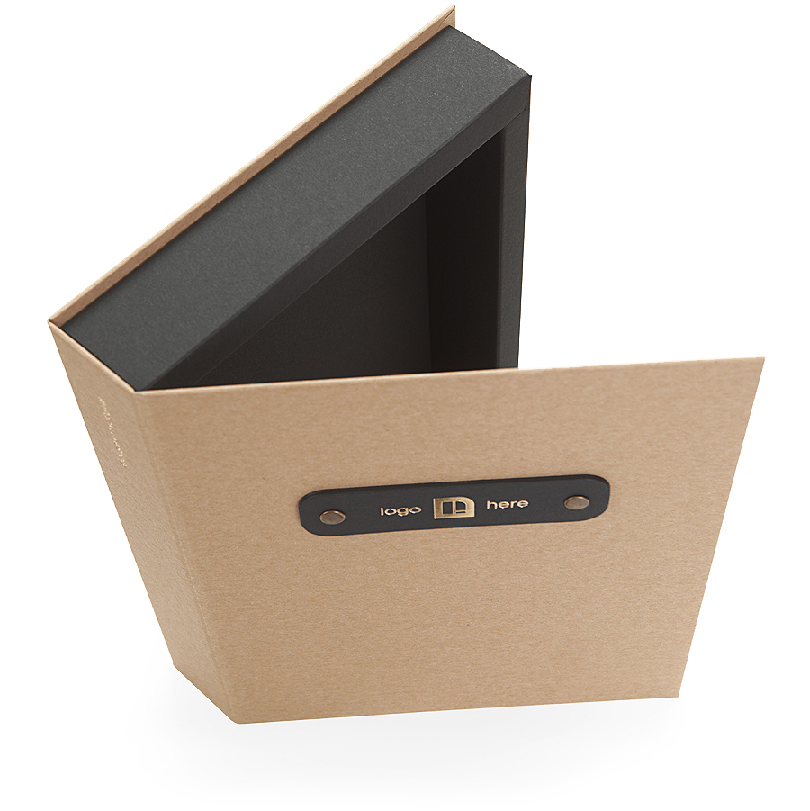 Premium presentation book style box with magnets Koehler Brilliant Black and SH Recycling paper customizable branding ribbon pull option online order