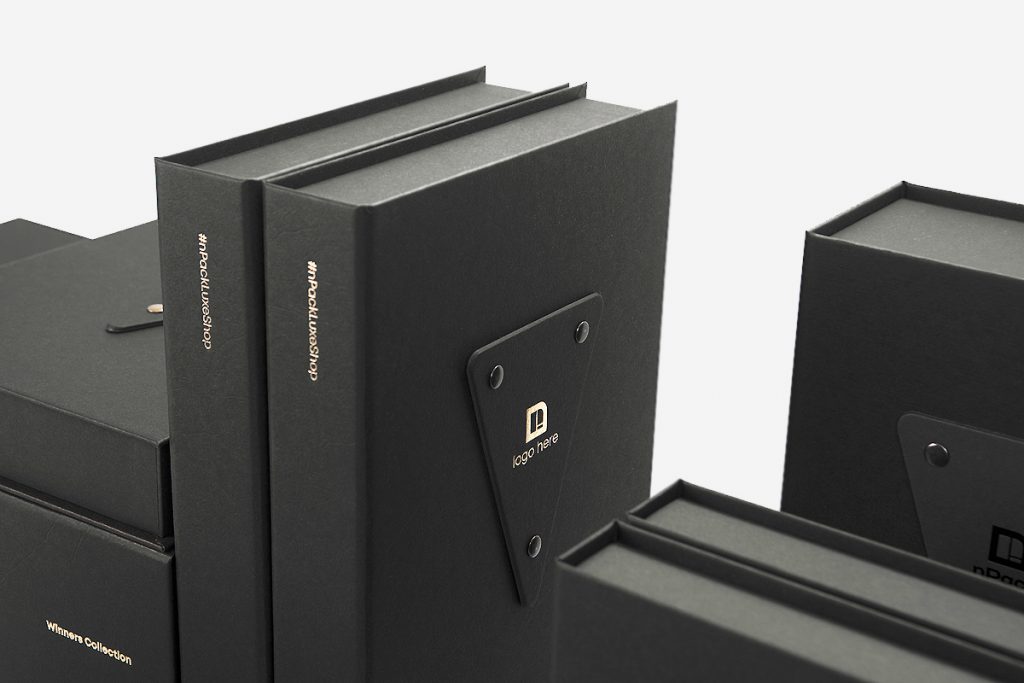 black luxury magnetic box in Colorplan Ebony Leather structured paper