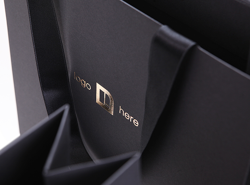 black paper bags with satin ribbon handles foil blocking